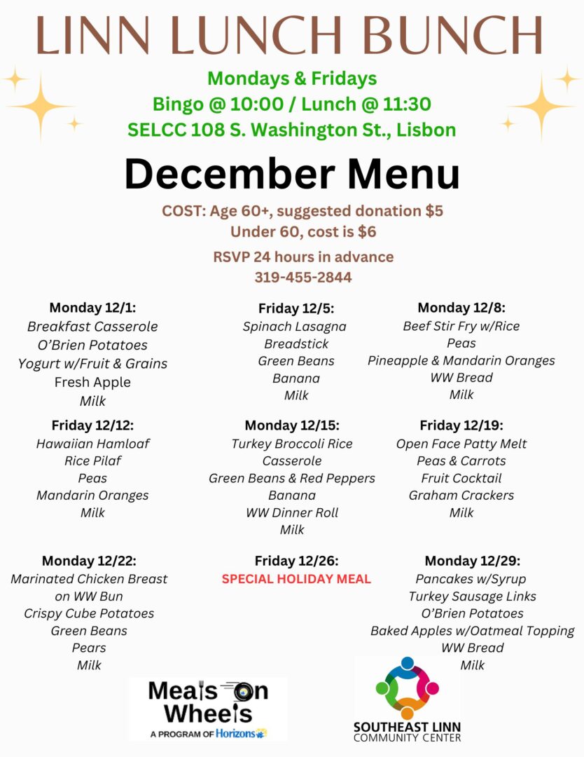 December Linn Lunch Bunch menu