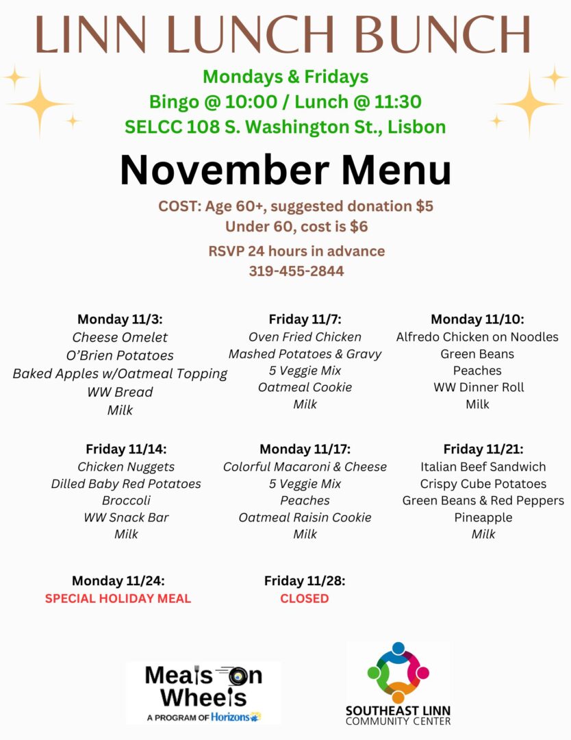 November's Linn Lunch Bunch menu