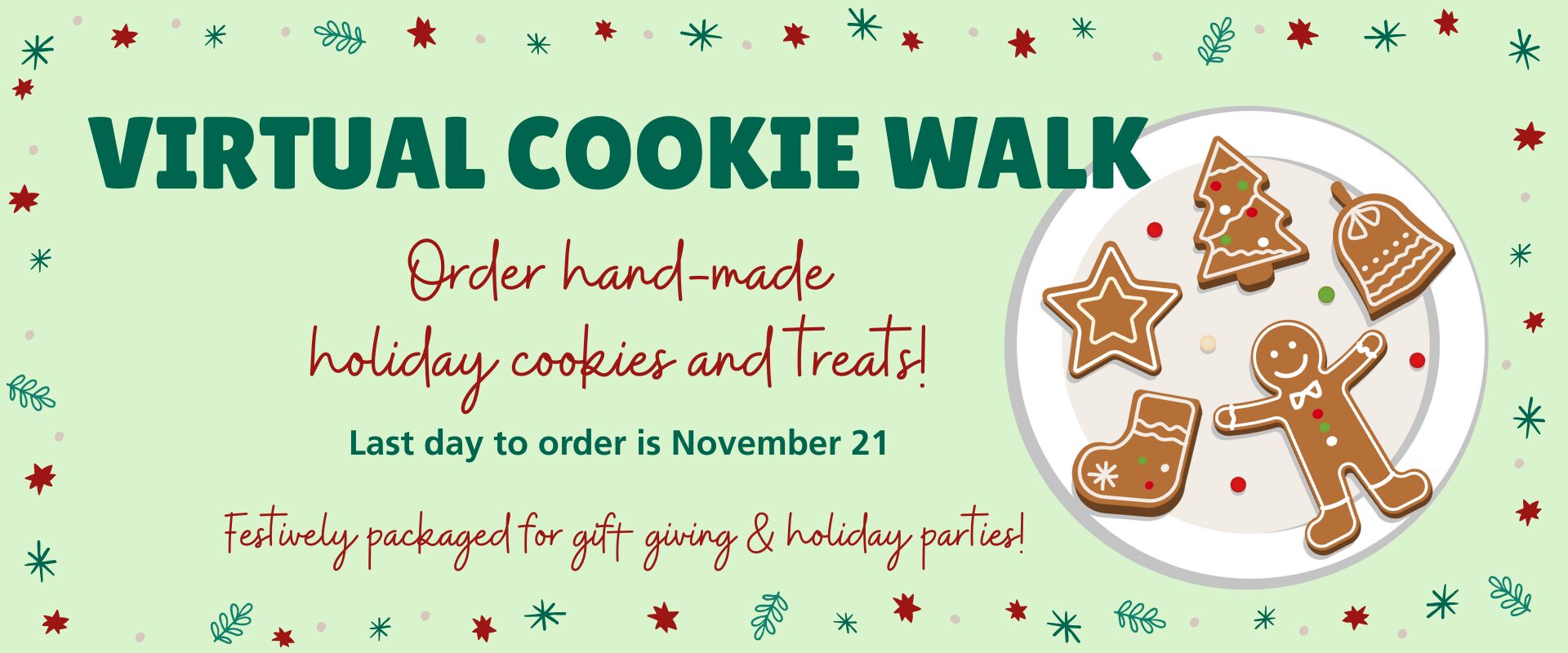 Info on virtual cookie walk with a cartoon plate of holiday cookies