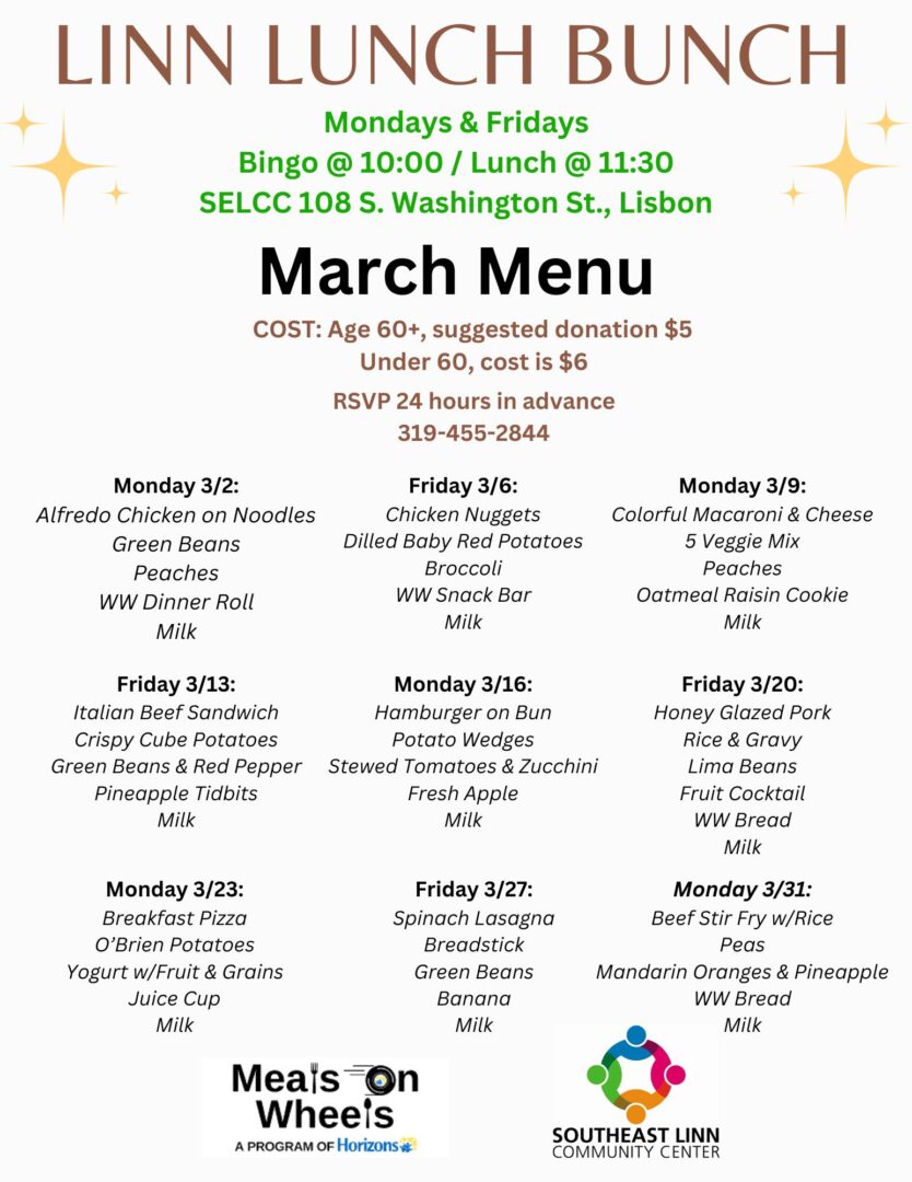 March Linn Lunch Bunch menu