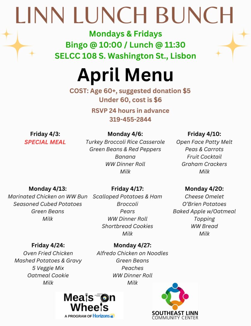 Linn Lunch Bunch menu - April 2026